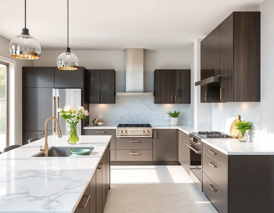 A contemporary kitchen design with marble countertops.