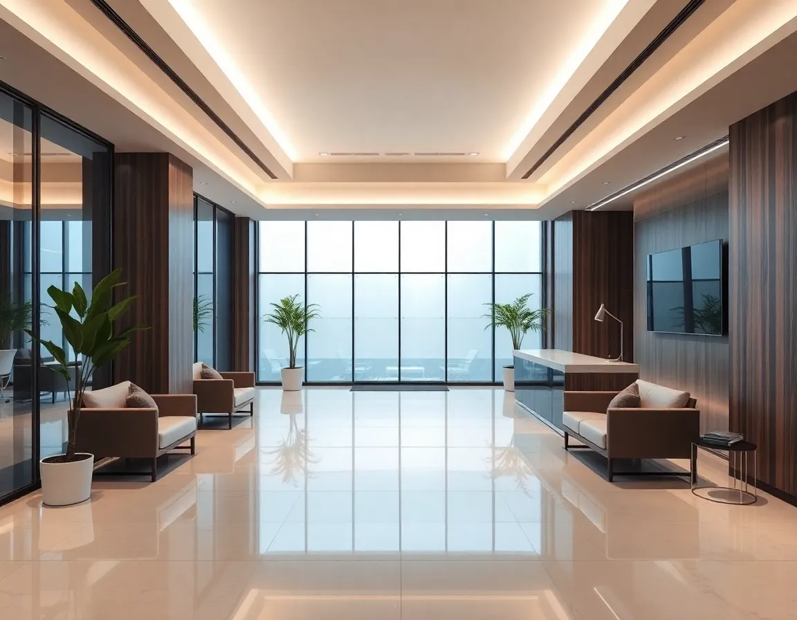 A modern corporate office reception area with a sleek design.