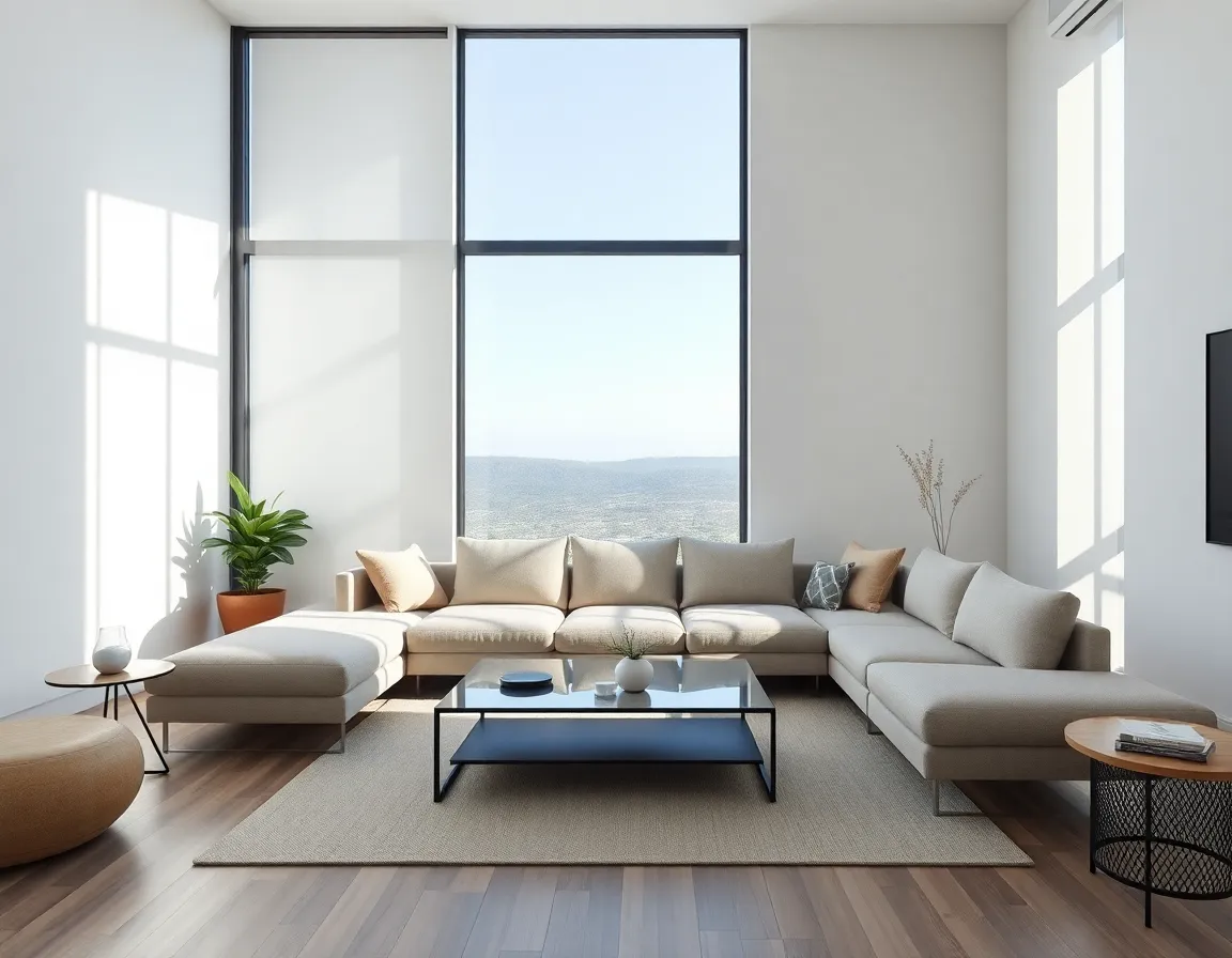 Modern living room designed by an interior architect, featuring a minimalist sofa and natural light.